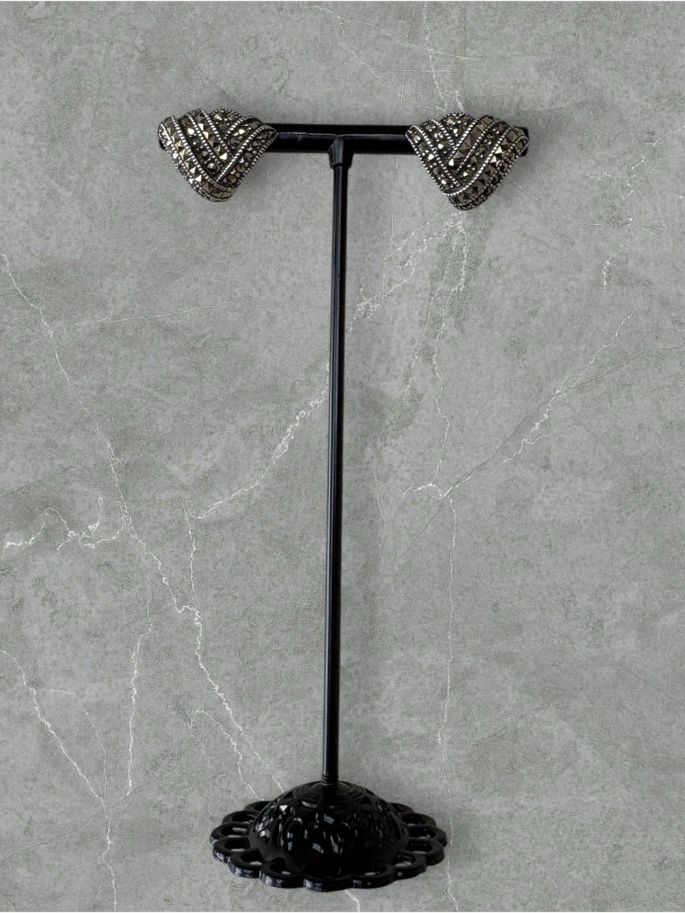 Platinum over 925 Silver Judith Jack Triangular Marcasite Stud Earrings